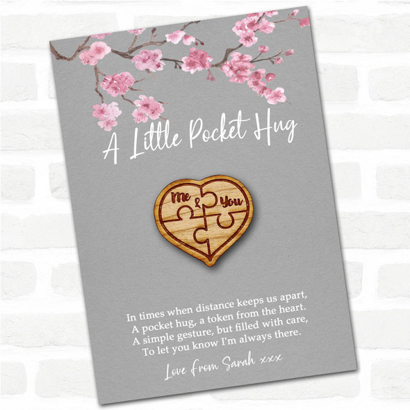 Me & You Puzzles Piece Quad Grey Pink Blossom Personalised Gift Pocket Hug