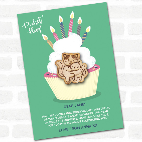 Two Cats Cuddling Cupcake Happy Birthday Personalised Gift Pocket Hug