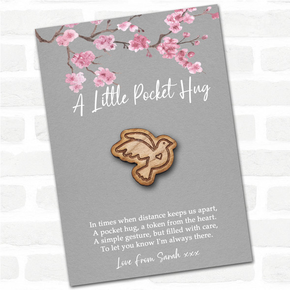 Dove A Heart Grey Pink Blossom Personalised Gift Pocket Hug