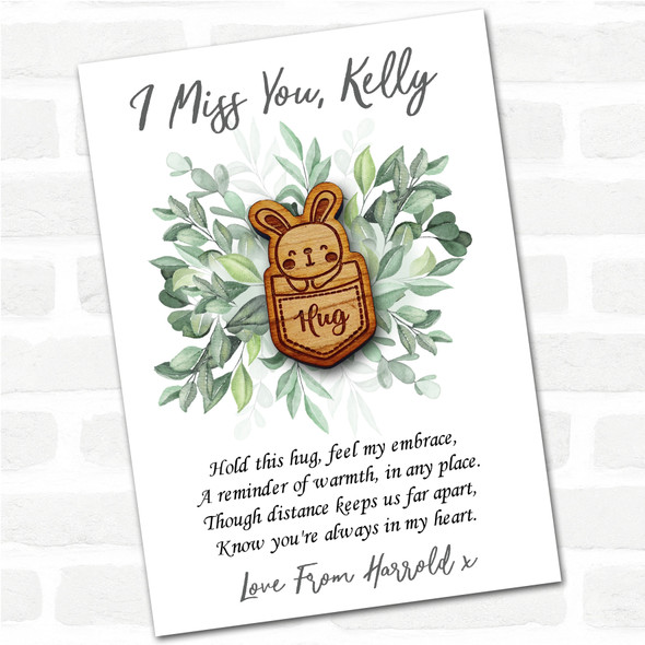 Cute Bunny In A Pocket Green Leaves I Miss You Personalised Gift Pocket Hug