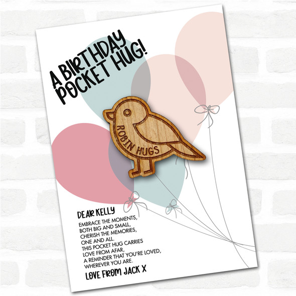 Little Robin Balloons Happy Birthday Personalised Gift Pocket Hug