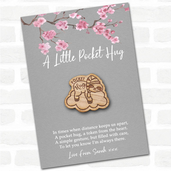 Sleepy Sloth On A Cloud Grey Pink Blossom Personalised Gift Pocket Hug