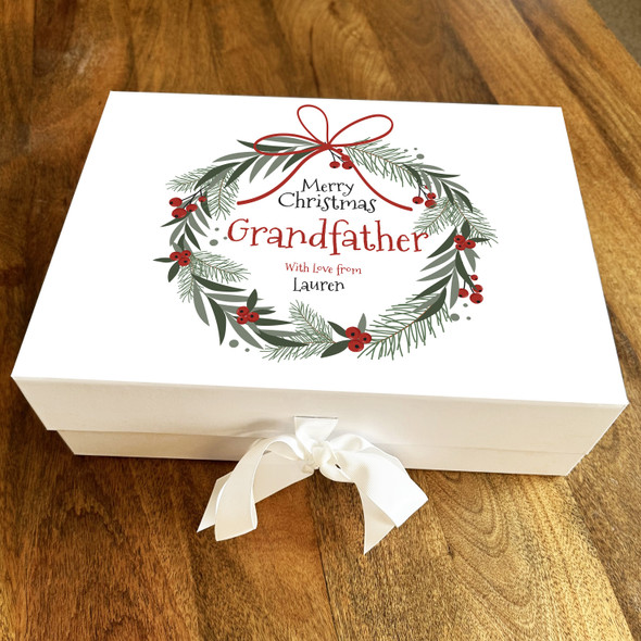 Grandfather Merry Christmas Wreath Berries & Bow Personalised Hamper Gift Box