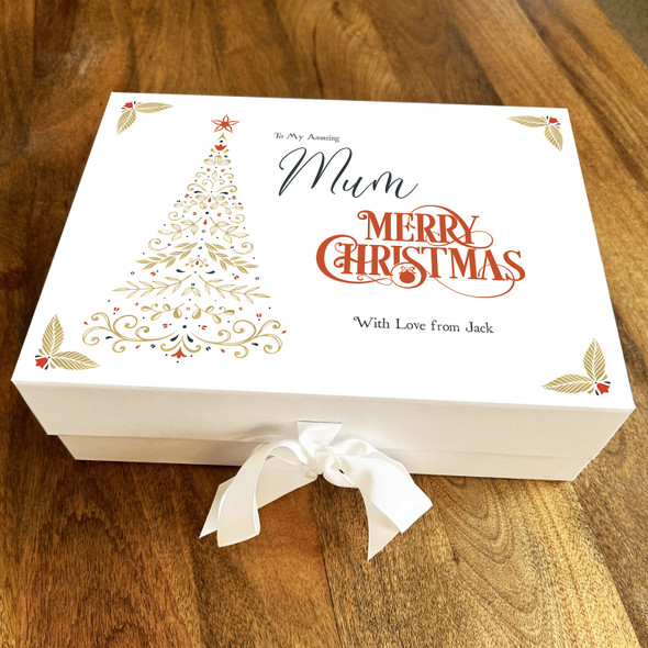 Merry Christmas Mum Elegant Gold Tree & Holly Personalised Xmas Hamper Gift Box
