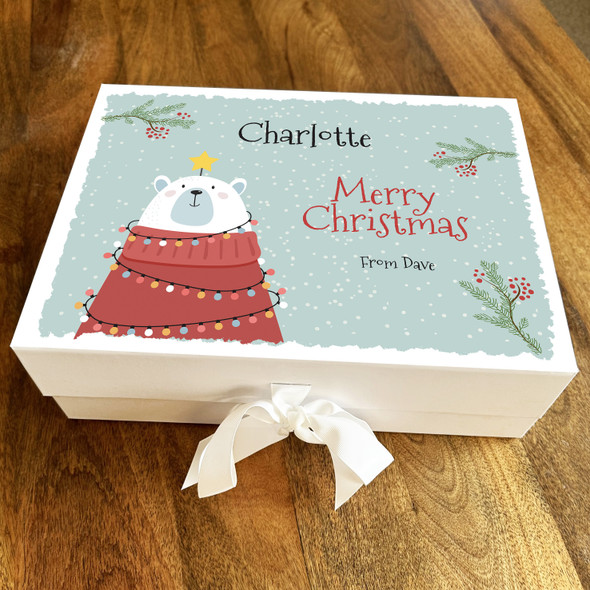 Merry Christmas Polar Bear Festive Lights & Floral Personalised Hamper Gift Box