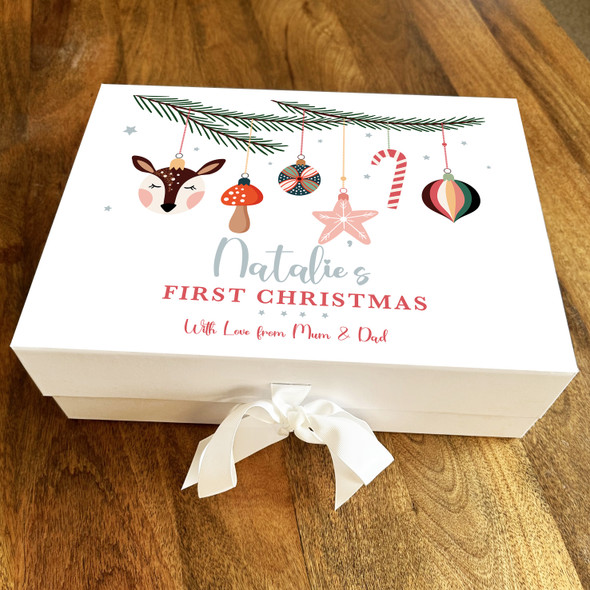 Babies 1st Christmas Branch With Festive Decorations Personalised Gift Box