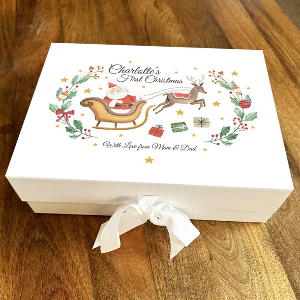 Babies 1st Christmas Watercolour Santa Sleigh Personalised Xmas Hamper Gift Box