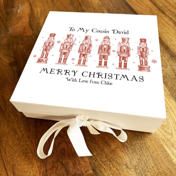 Cousin Merry Christmas Nutcracker Red Sketch Personalised Square Hamper Gift Box