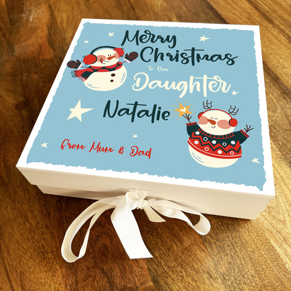 Daughter Merry Christmas Happy Snowmen Blue & Stars Personalised Square Gift Box