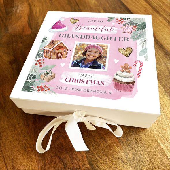 Granddaughter Happy Christmas Pink Photo Winter Icons Personalised Gift Box
