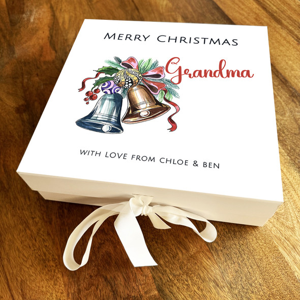 Grandma Merry Christmas Bright Painted Bells Personalised Square Hamper Gift Box