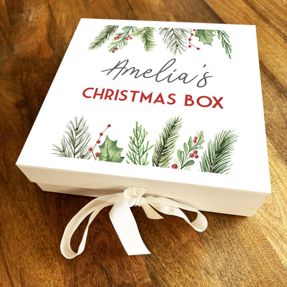 Green Leaves & Winter Berries Christmas Box Personalised Square Hamper Gift Box