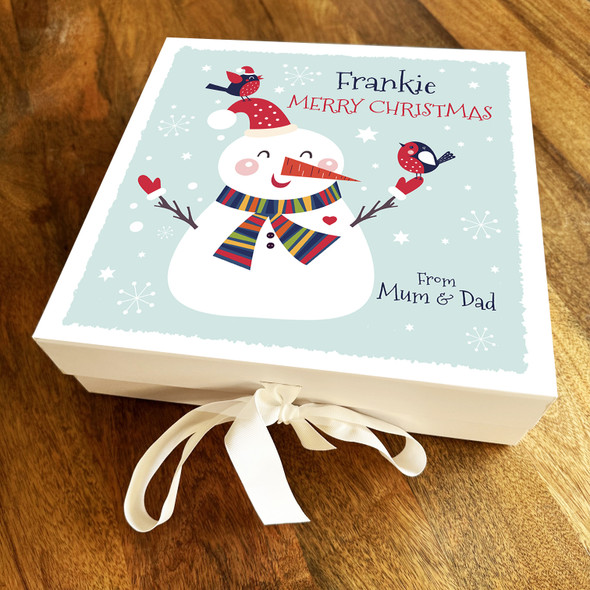 Happy Snowman With Birds Merry Christmas Snowflakes Personalised Square Gift Box