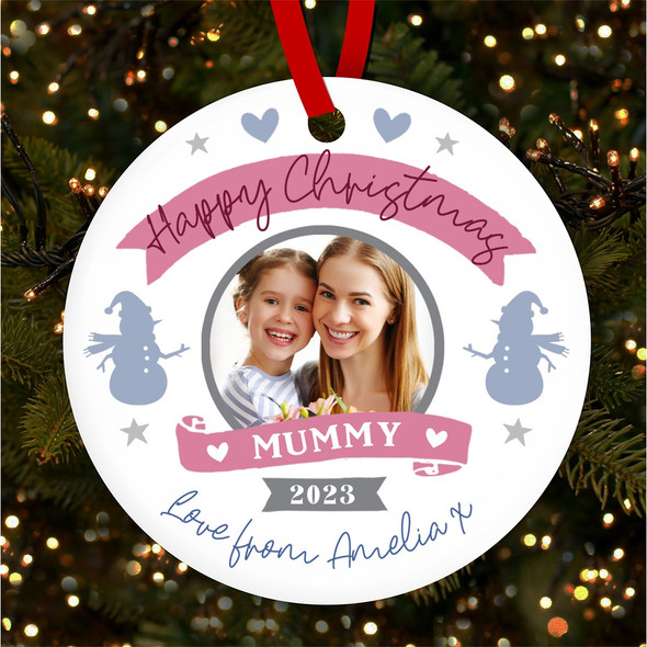 Mummy Pink Purple Photo Snowman Personalised Christmas Tree Ornament Decoration