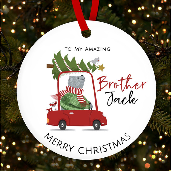 Bear Driving Red Car Amazing Brother Custom Christmas Tree Ornament Decoration