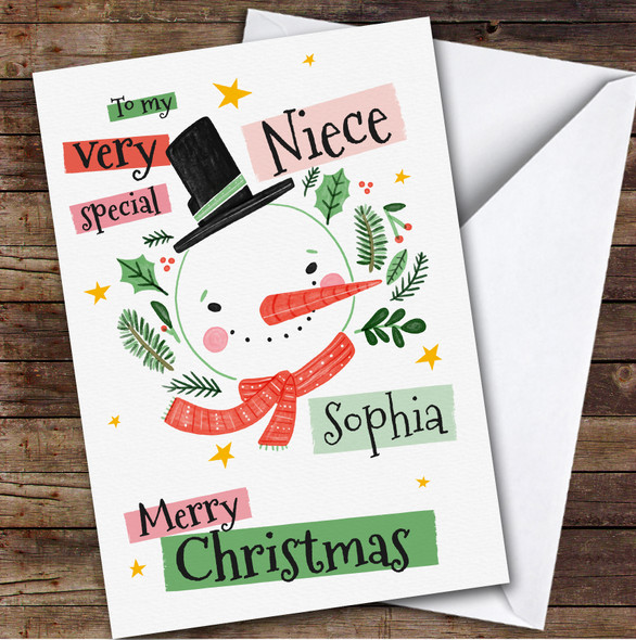 Niece Snowman Custom Greeting Personalised Christmas Card