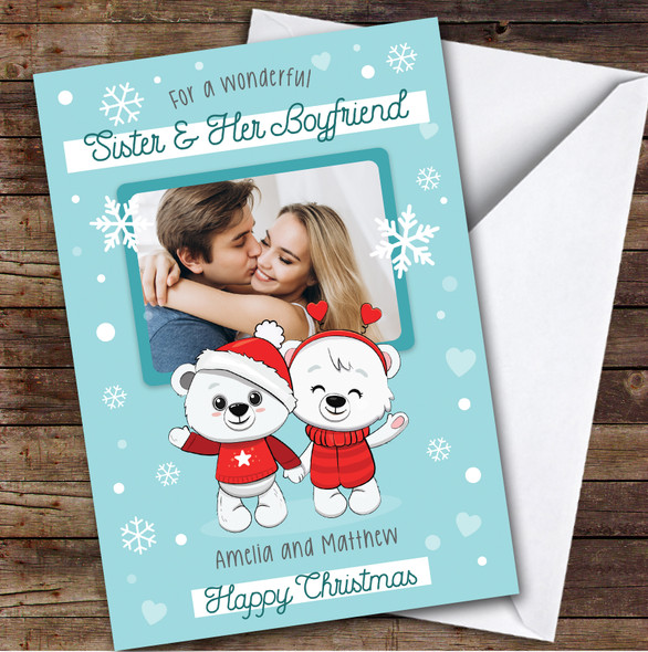 Sister & Her Boyfriend Polar Bear Couple Photo Personalised Christmas Card