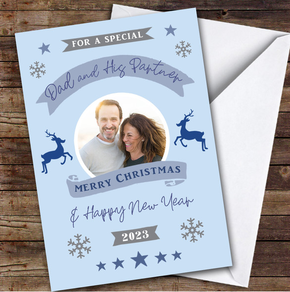 Dad and His Partner Photo Deer Banner Custom Personalised Christmas Card