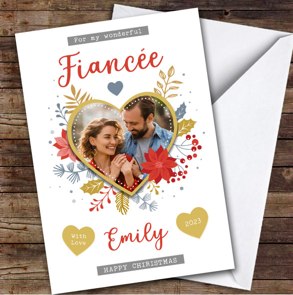 Fiancée Gold Heart Photo Custom Greeting Personalised Christmas Card