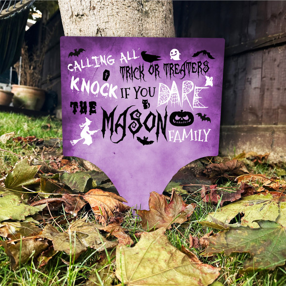 Trick Treaters Welcome To Knock purple Personalised Garden Stake Halloween Sign