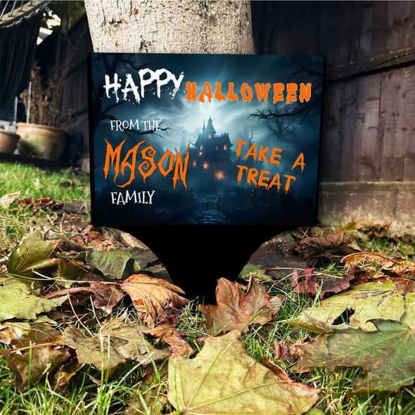 Haunted House Take A Treat Personalised Outdoor Garden Stake Halloween Sign