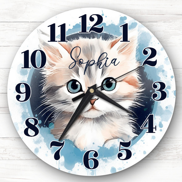 Watercolour Blue Eyes Kitten Cat Boys Girls Room Custom Gift Personalised Clock