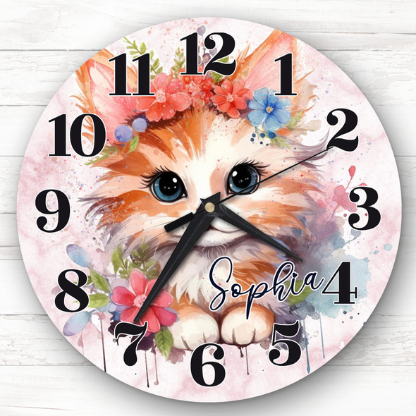 Watercolour Floral Cute Kitten Cat Girls Room Custom Gift Personalised Clock