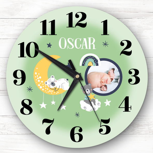 Baby Boys Nursery Room  Moon Photo Green Custom Gift Personalised Clock
