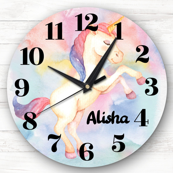 Watercolour Rainbow Unicorn Girls Room Custom Gift Personalised Clock