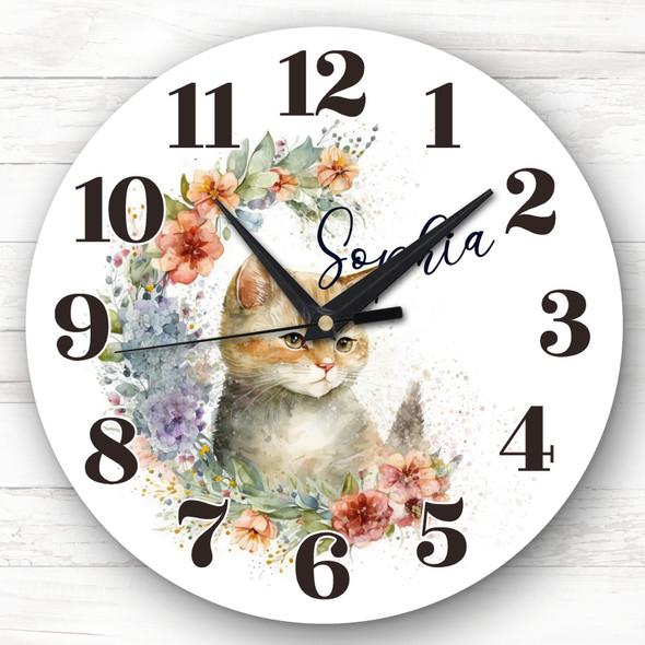 Watercolour Floral Wreath Kitten Cat Custom Gift Personalised Clock