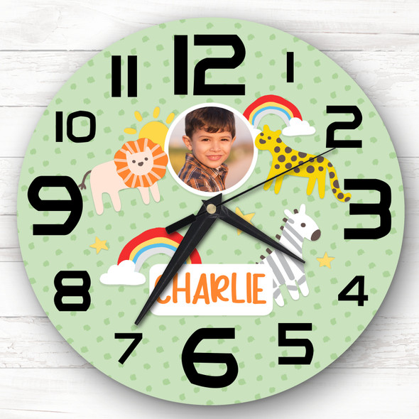 Baby Animals Green Photo Boy Room Custom Gift Personalised Clock