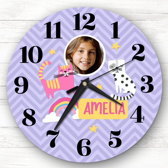 Girls Purple Cat Photo Custom Gift Personalised Clock