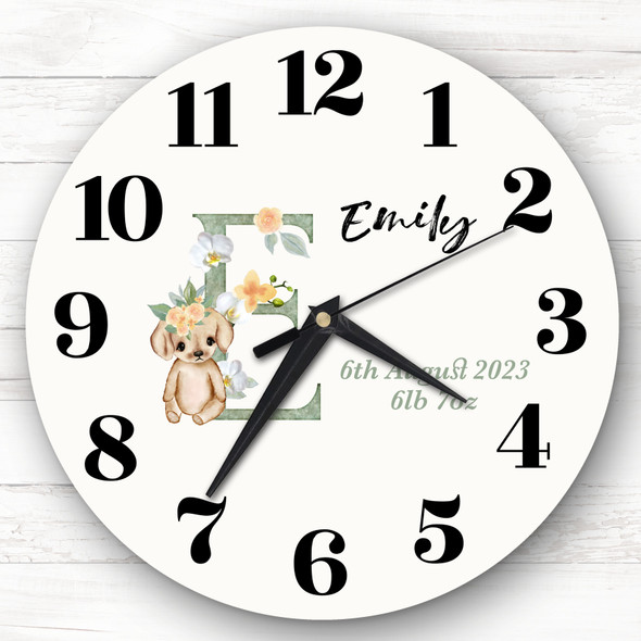 Baby Floral Watercolour Animal Alphabet Letter E Gift Personalised Clock