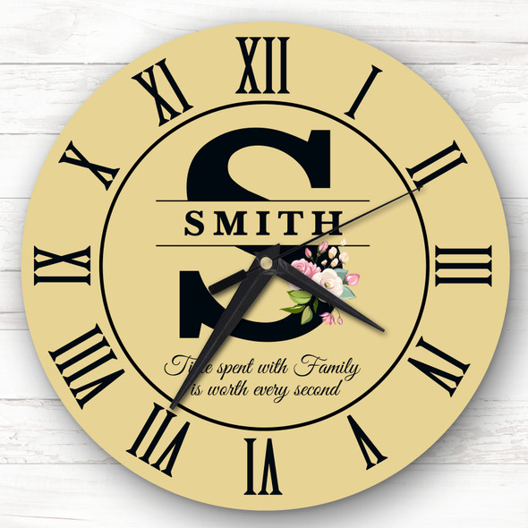 Mustard Yellow Floral Family Name Any Initial Gift Personalised Clock