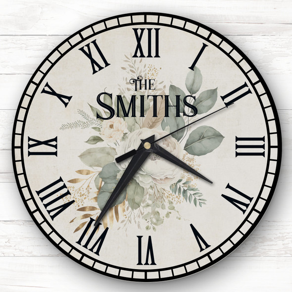 Retro Vintage Floral Sage Green Family Name Personalised Gift Personalised Clock