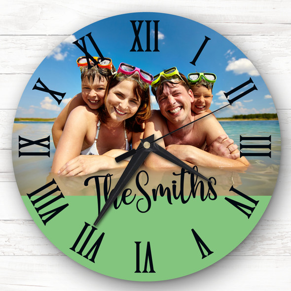 Any Family Photo Green Semicircle Bottom Personalised Gift Personalised Clock