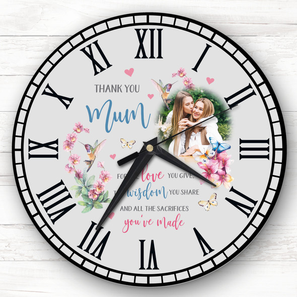 Thank You Mum Photo Bird Flowers Grey Personalised Gift Personalised Clock