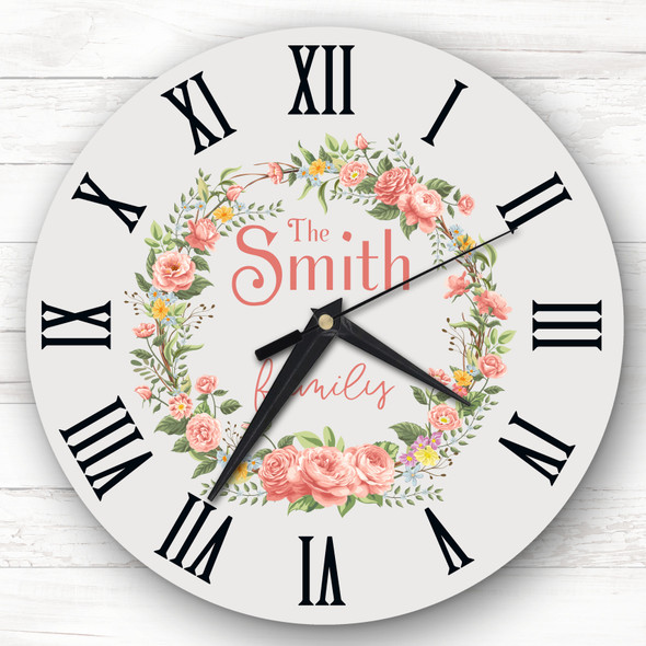 Floral Wreath Pale Stone Family Name Personalised Gift Personalised Clock
