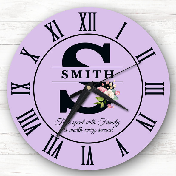 Lilac Floral Family Name Any Initial Personalised Gift Personalised Clock