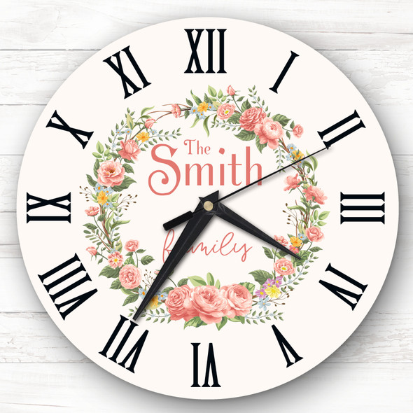 Floral Wreath Pale Pink Family Name Personalised Gift Personalised Clock