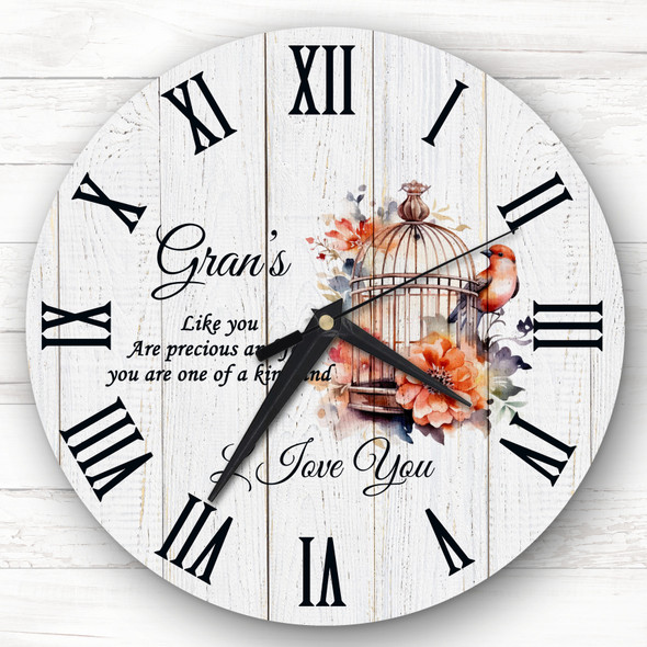 Wood Effect Gran Floral Bird Cage Personalised Gift Personalised Clock