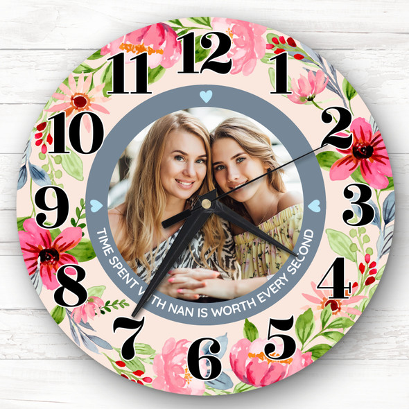 Nan Bright Pink Flower Photo Personalised Gift Personalised Clock