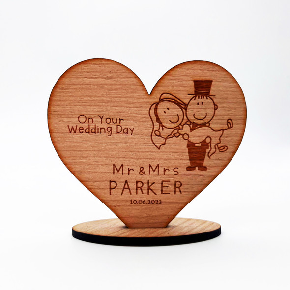 Engraved Wood On Your Wedding Day Doodle Couple Heart Keepsake Personalised Gift