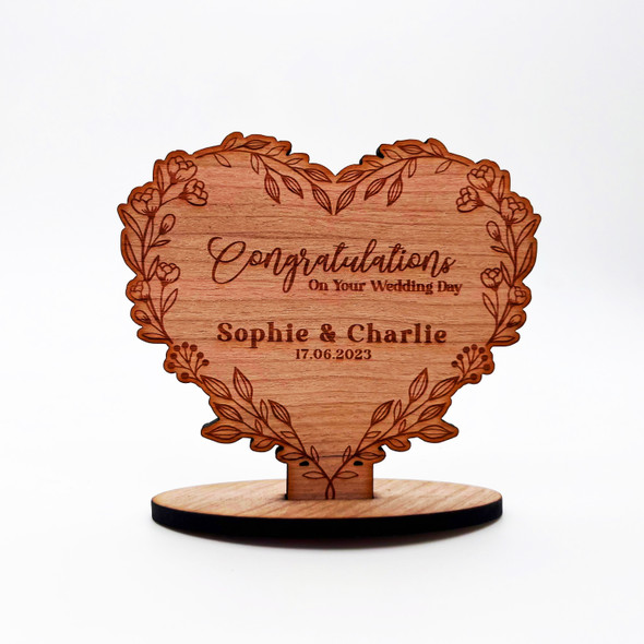 Engraved Wood On Your Wedding Day Floral Heart Wreath Keepsake Personalised Gift