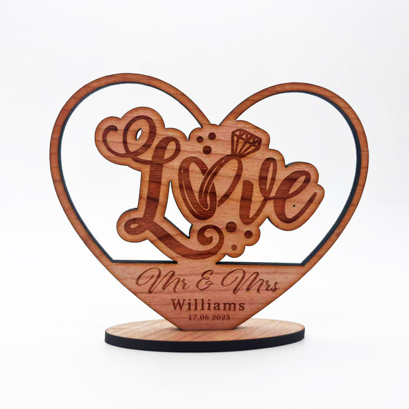 Engraved Wood Love Wedding Day Rings Heart Mr & Mrs Keepsake Personalised Gift