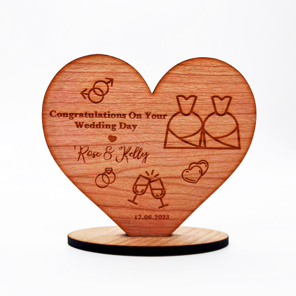 Engraved Wood Wedding Day Dresses Special Day Icons Keepsake Personalised Gift