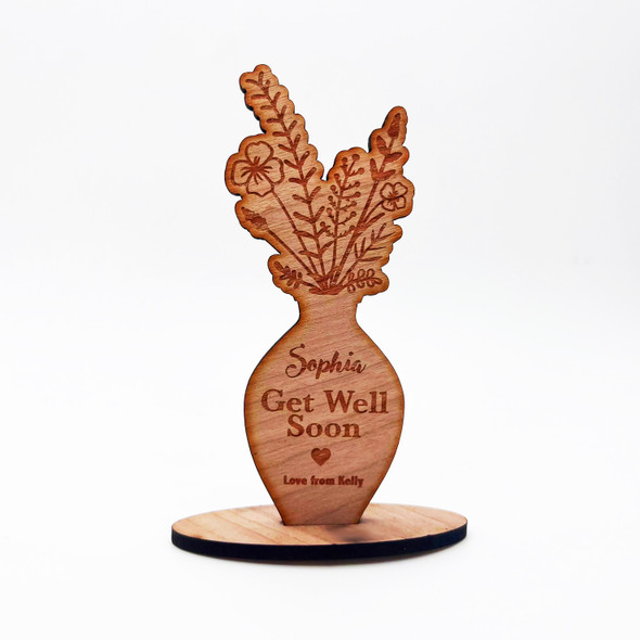 Engraved Wood Get Well Soon Flowers Vase Heart Keepsake Personalised Gift