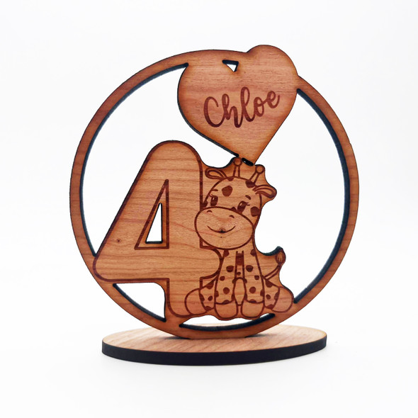 Engraved Wood 4th Birthday Kids Cute Giraffe Heart Keepsake Personalised Gift
