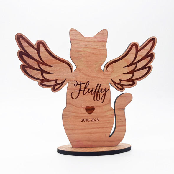Engraved Wood Cat Wings Memorial Pet Loss Dates Angel Keepsake Personalised Gift