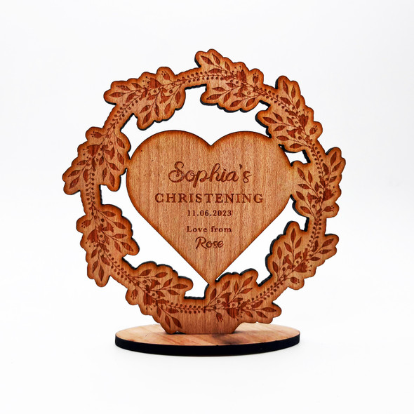Engraved Wood Christening Heart Floral Wreath Date  Keepsake Personalised Gift